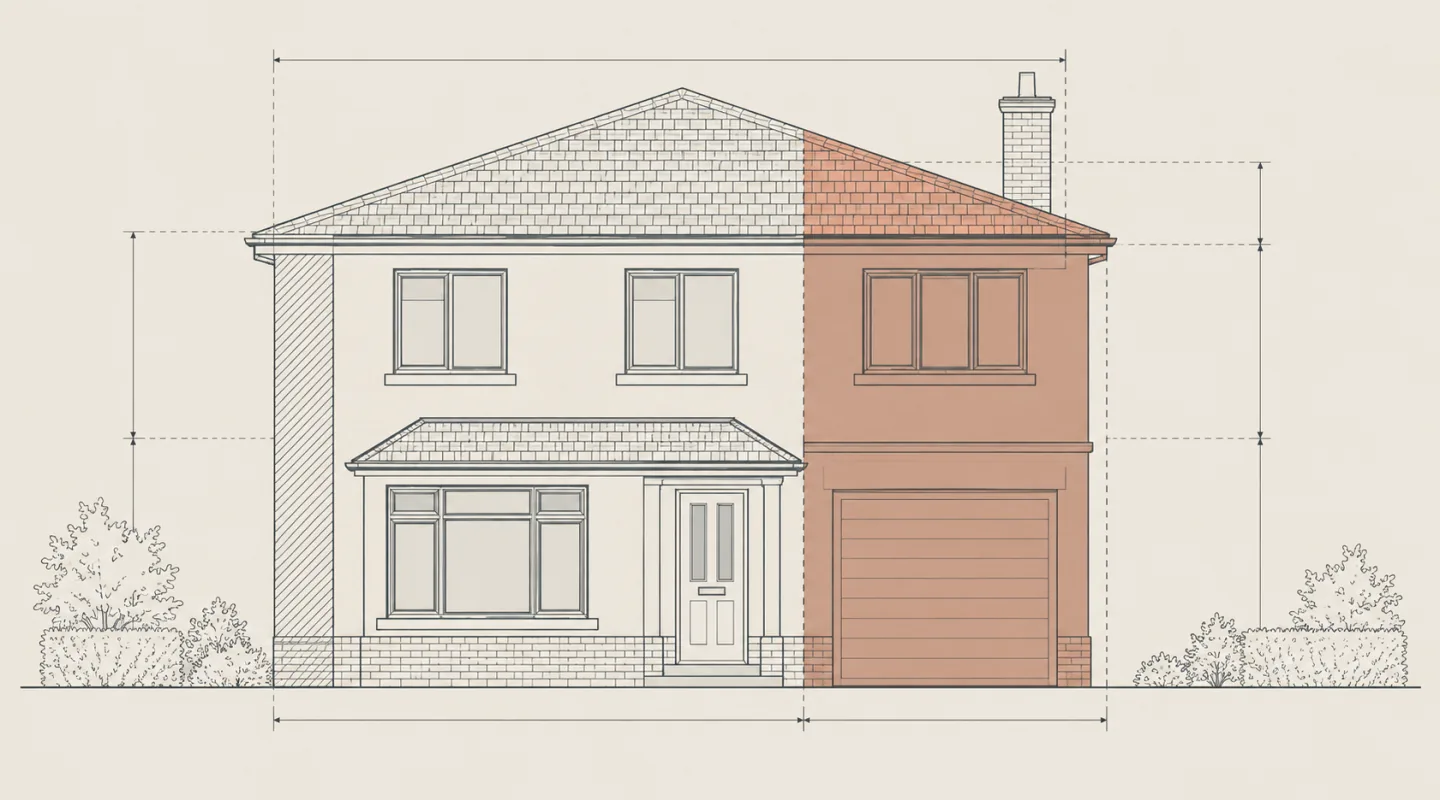 Élévation dessinée d'une maison à deux niveaux, une partie de la façade couverte d'un aplat de couleur, lignes de cotes de part et d'autre