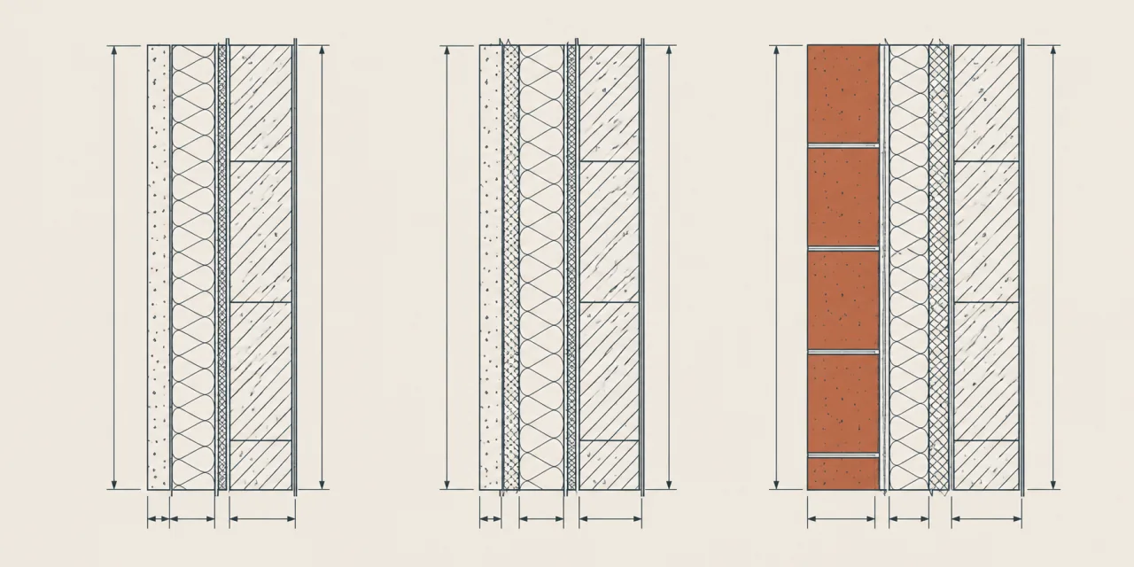 Trois coupes de mur côte à côte, aux empilements de couches différents, la troisième avec une couche extérieure épaisse et colorée, cotes en pied