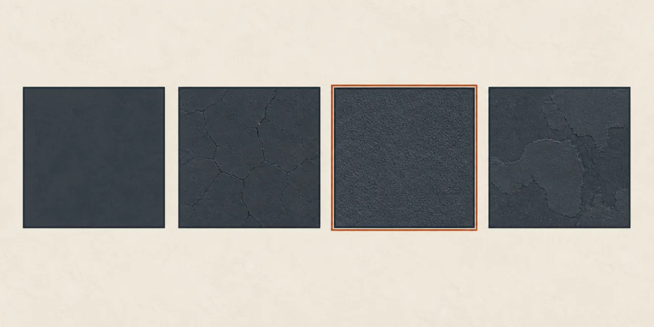 Quatre échantillons de surface carrés aux textures différentes — lisse, fissurée, granuleuse, rapiécée — le troisième encadré en couleur