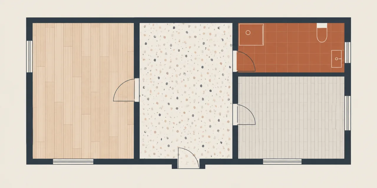 Plan d'un logement de quatre pièces, chaque sol dans un motif différent, la pièce d'eau en couleur