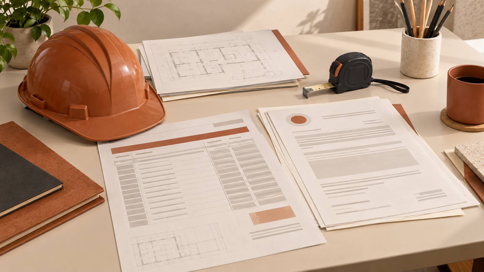 Casque de chantier, plan et echantillons de materiaux sur une table de chantier