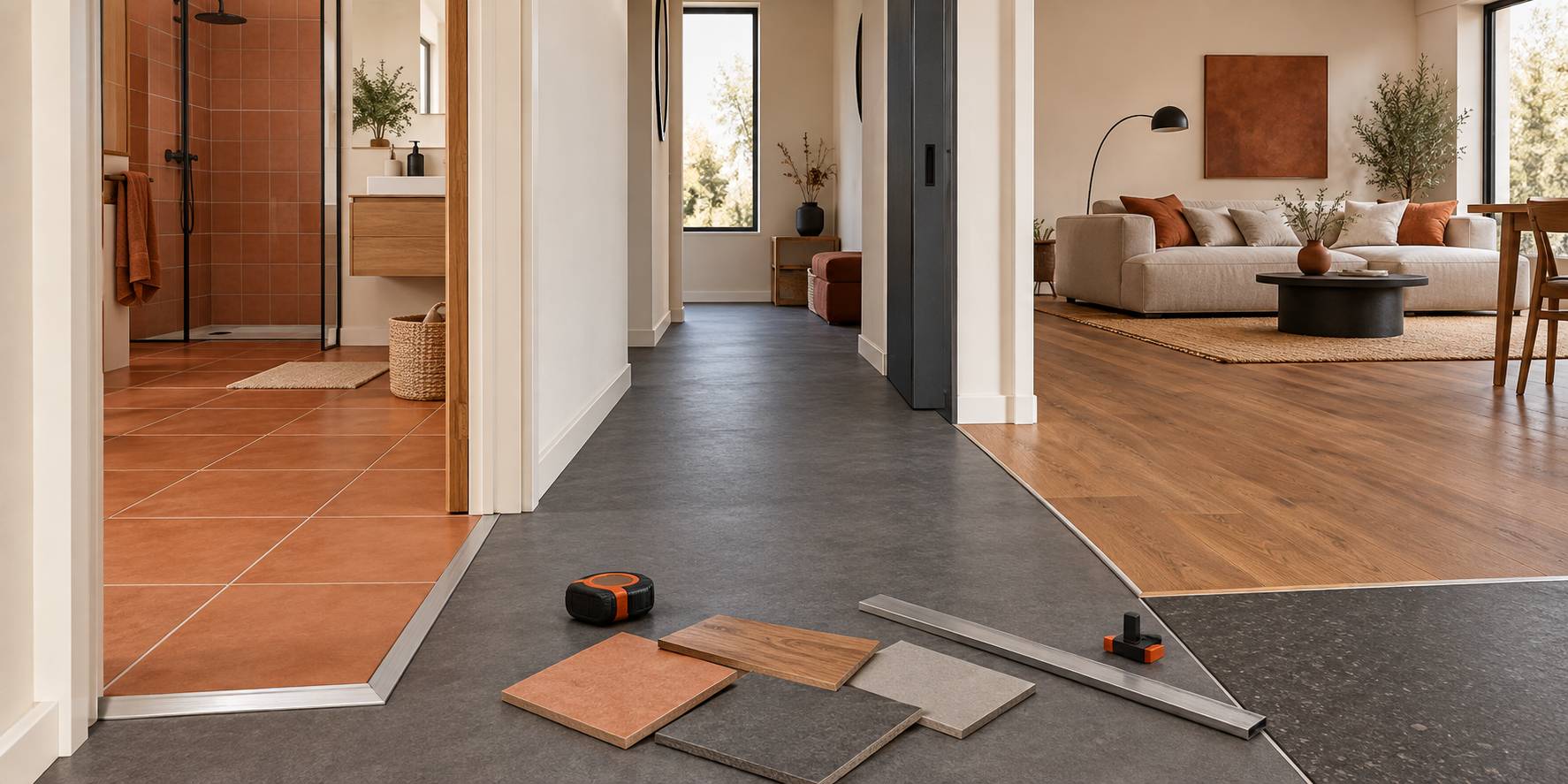 Illustration éditoriale du sujet : Carrelage, PVC, parquet ou résine : le bon sol par pièce