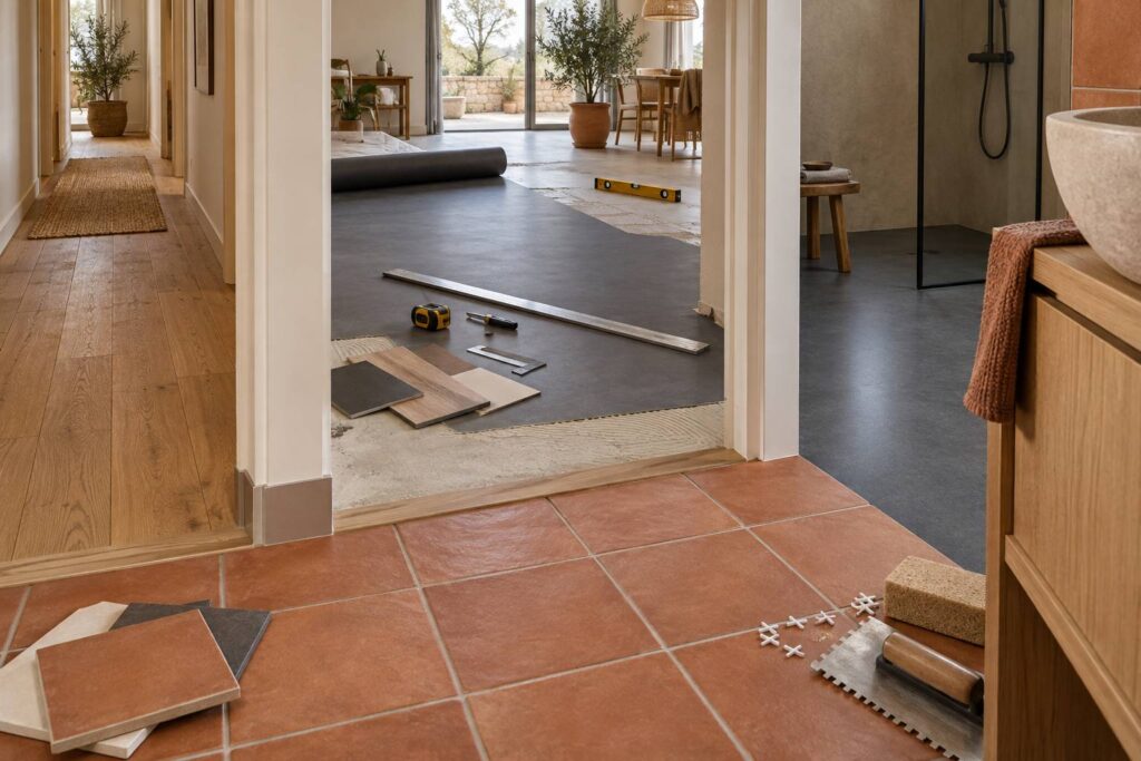 Illustration éditoriale du sujet : Carrelage, PVC, parquet ou résine : le bon sol par pièce
