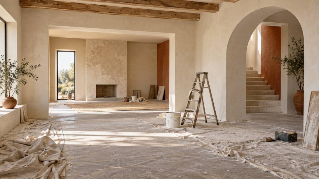 Interieur de maison en renovation avec murs enduits et escabeau