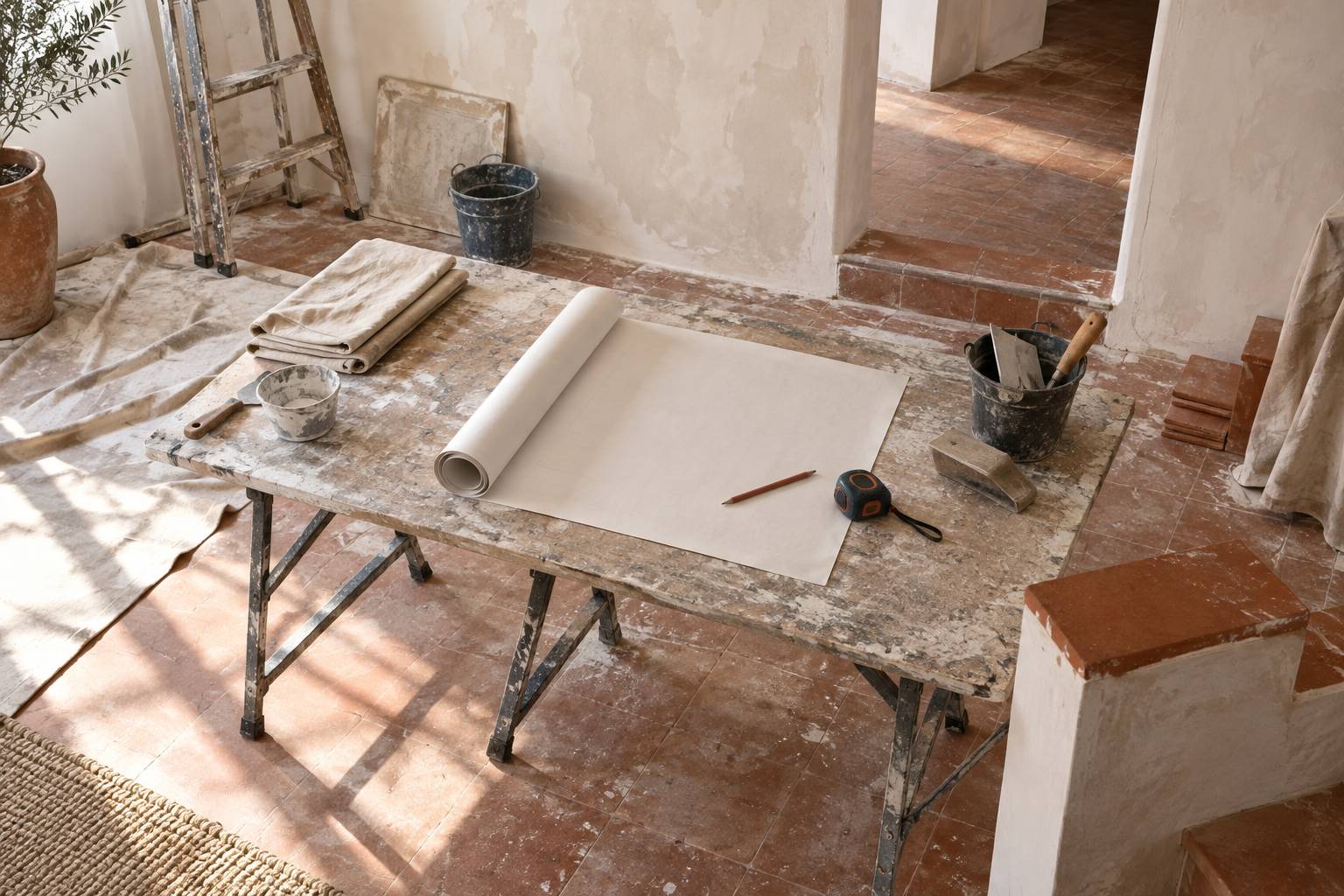 Table de chantier pliante avec plan roule et metre enroule