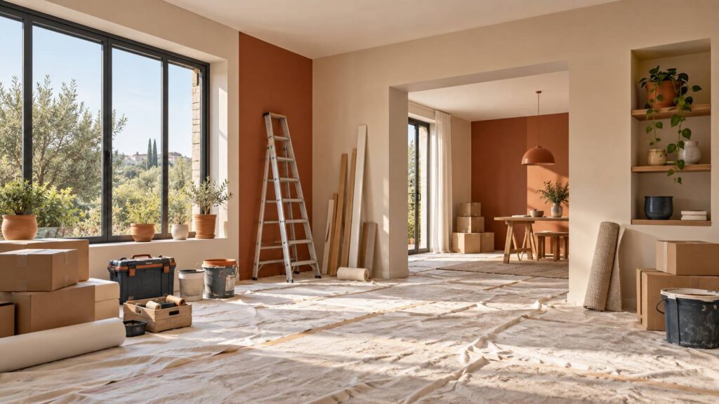 Logement en renovation avec plancher protege, echelle et cartons