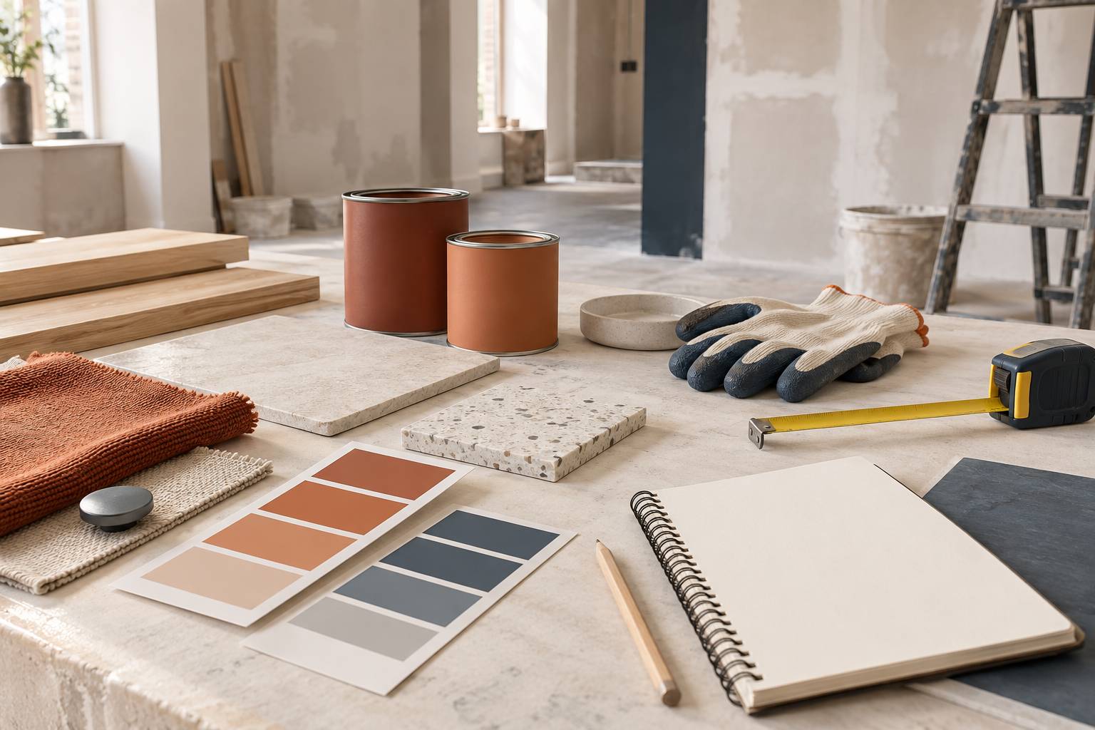 Echantillons de materiaux et outils sur un plan de travail de chantier