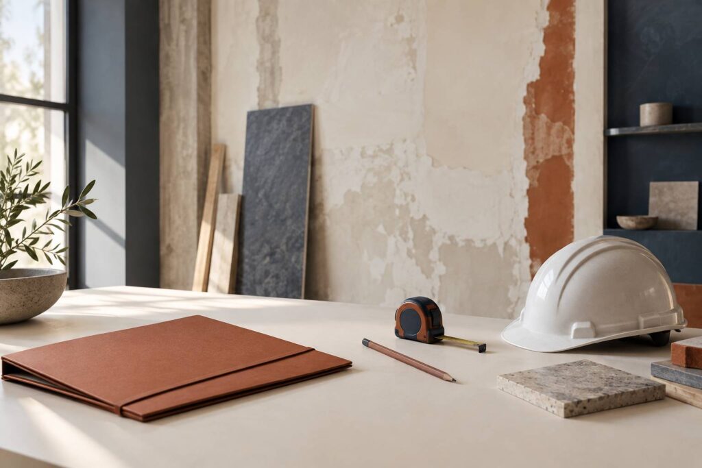 Bureau avec chemise fermée, mètre ruban et casque de chantier posé