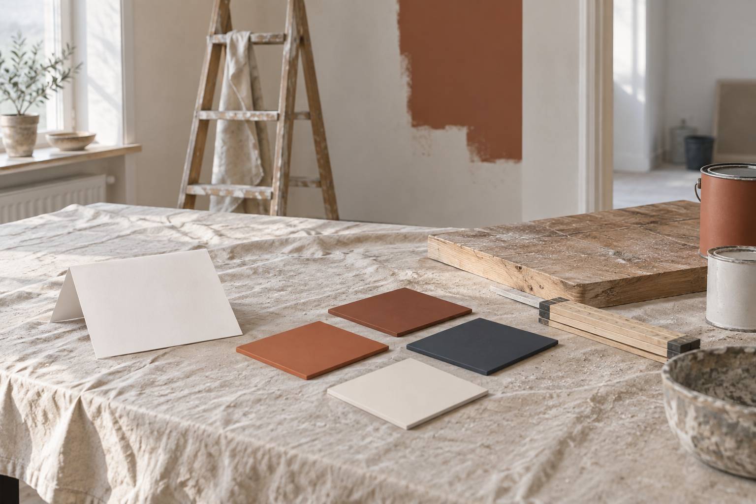 Table de chantier protégée avec feuillet retourné et échantillons de peinture