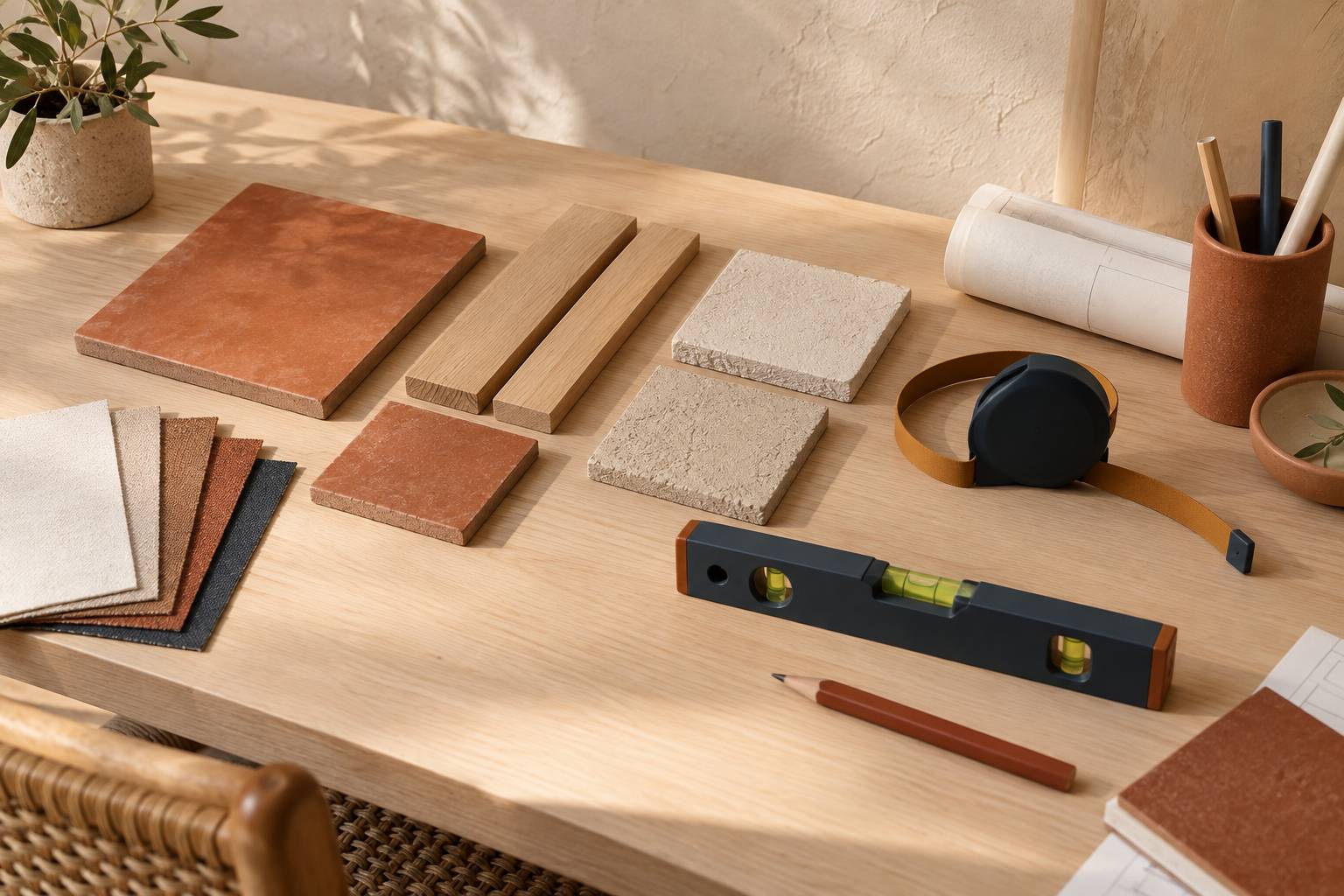 Echantillons de materiaux et metre ruban sur une table