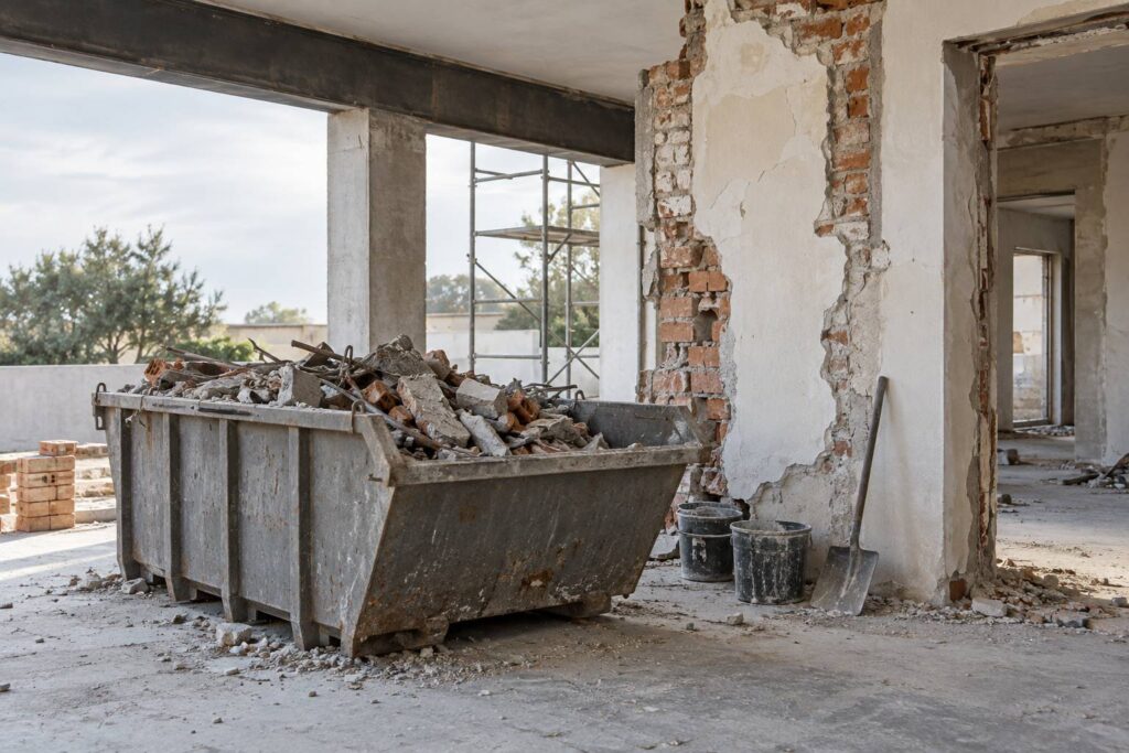 Benne metallique de chantier remplie de gravats devant un mur depose