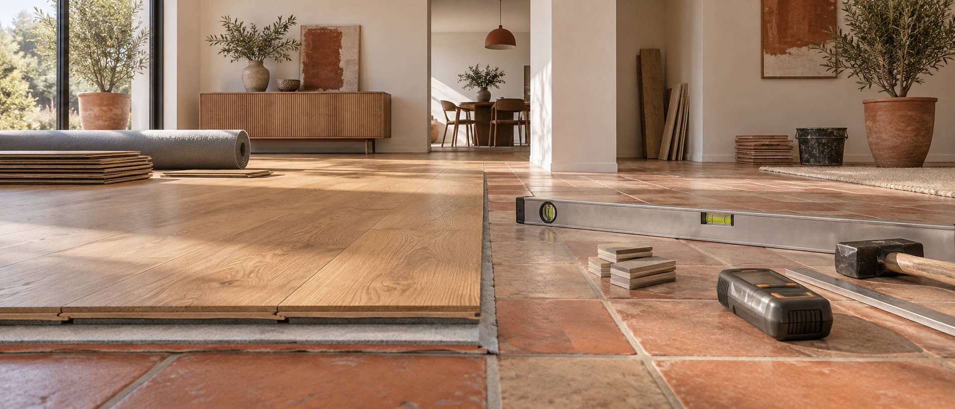 Illustration éditoriale du sujet : Poser un parquet sur un carrelage existant : les conditions