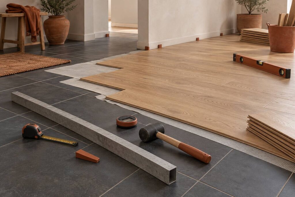 Illustration éditoriale du sujet : Poser un parquet sur un carrelage existant : les conditions