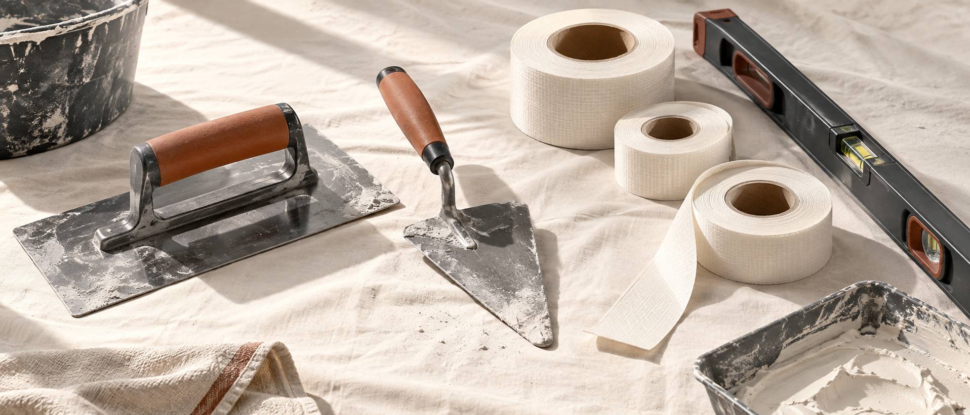 Outils de second oeuvre ranges sur une bache de chantier