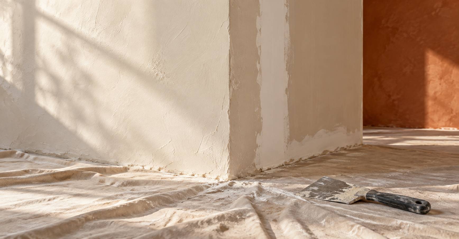 Angle de mur enduit avec couteau a enduire sur une bache