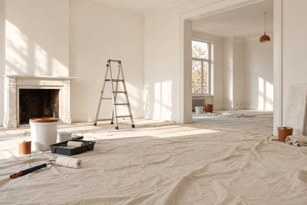 Interieur en renovation avec murs repeints et materiel de chantier