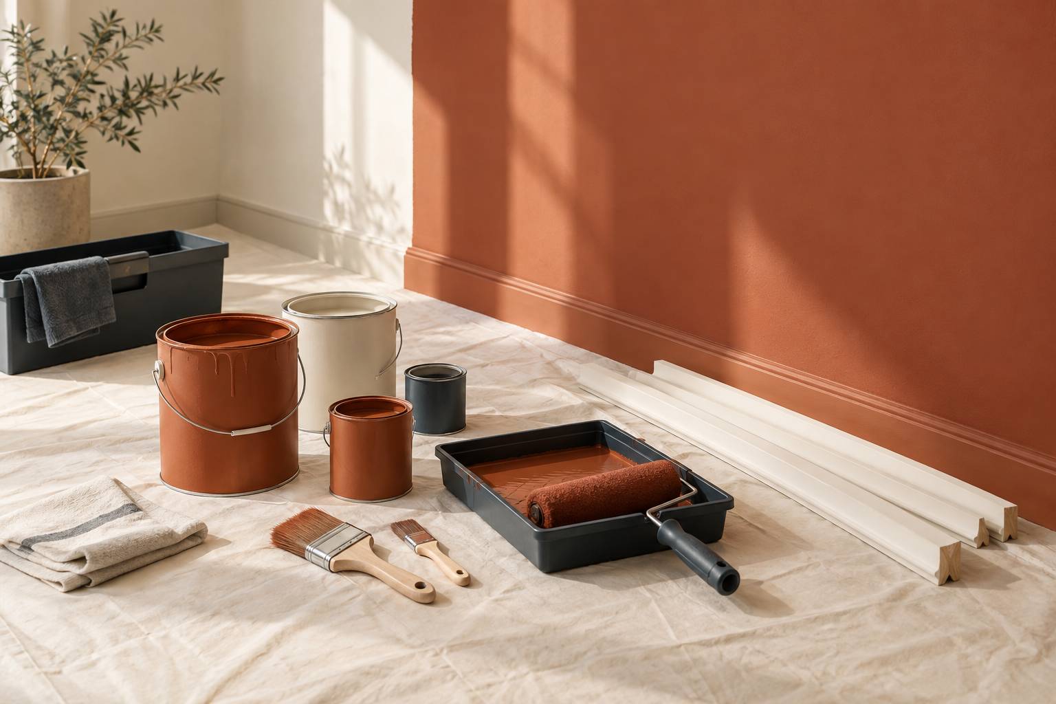 Pots de peinture et pinceaux ranges sur un sol protege