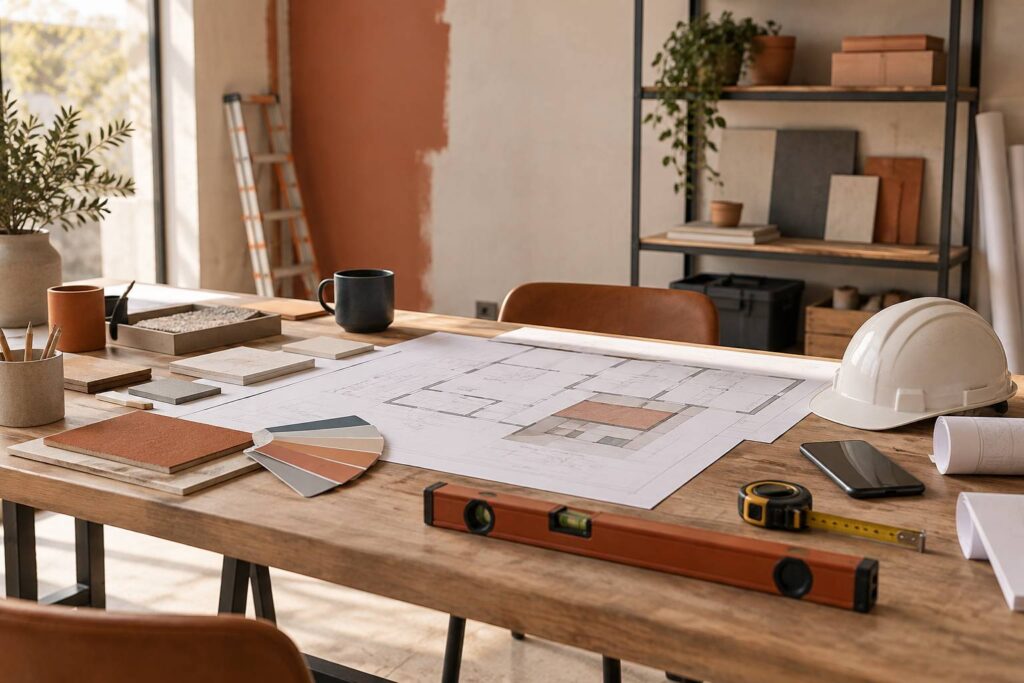 Bureau de chantier avec plans de renovation et outils de mesure