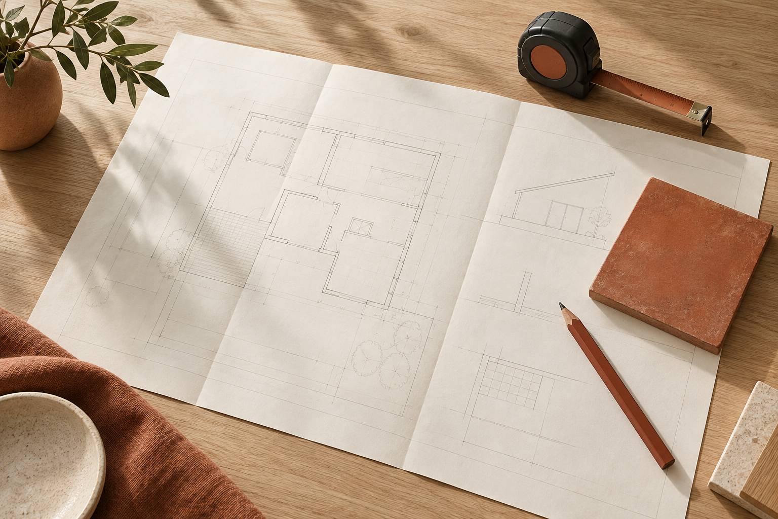 Plan de travaux avec metre ruban et echantillon de carrelage sur une table
