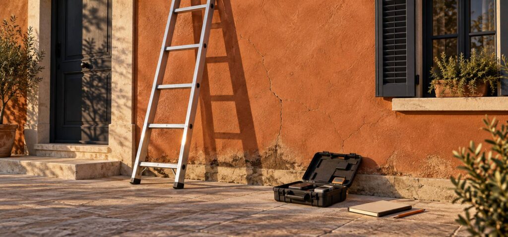 Façade en enduit ocre fissurée avec échelle et carnet de relevé au pied du mur