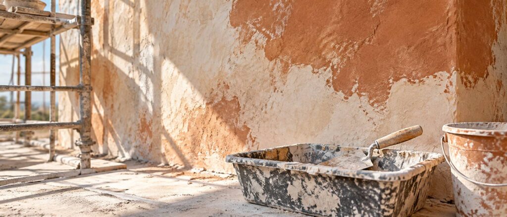 Mur ancien enduit à la chaux avec truelle et auge de badigeon au premier plan