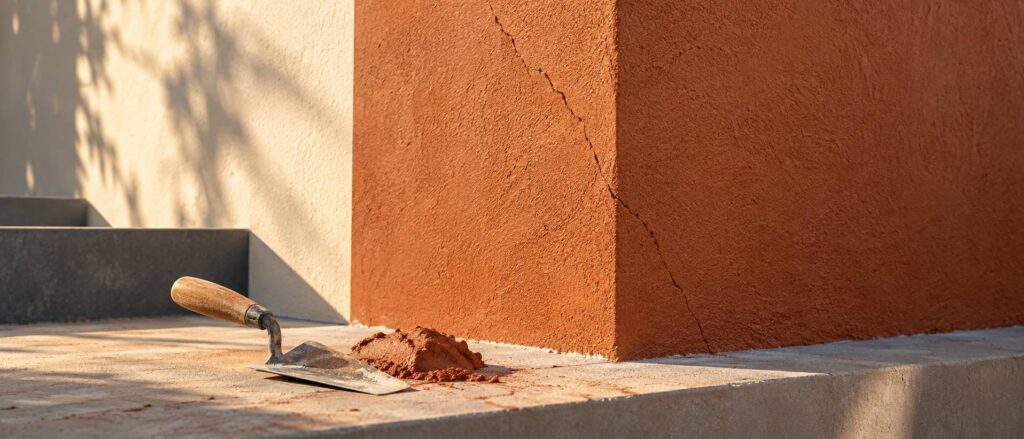 Façade crépée avec une fissure fine et une truelle d'enduit