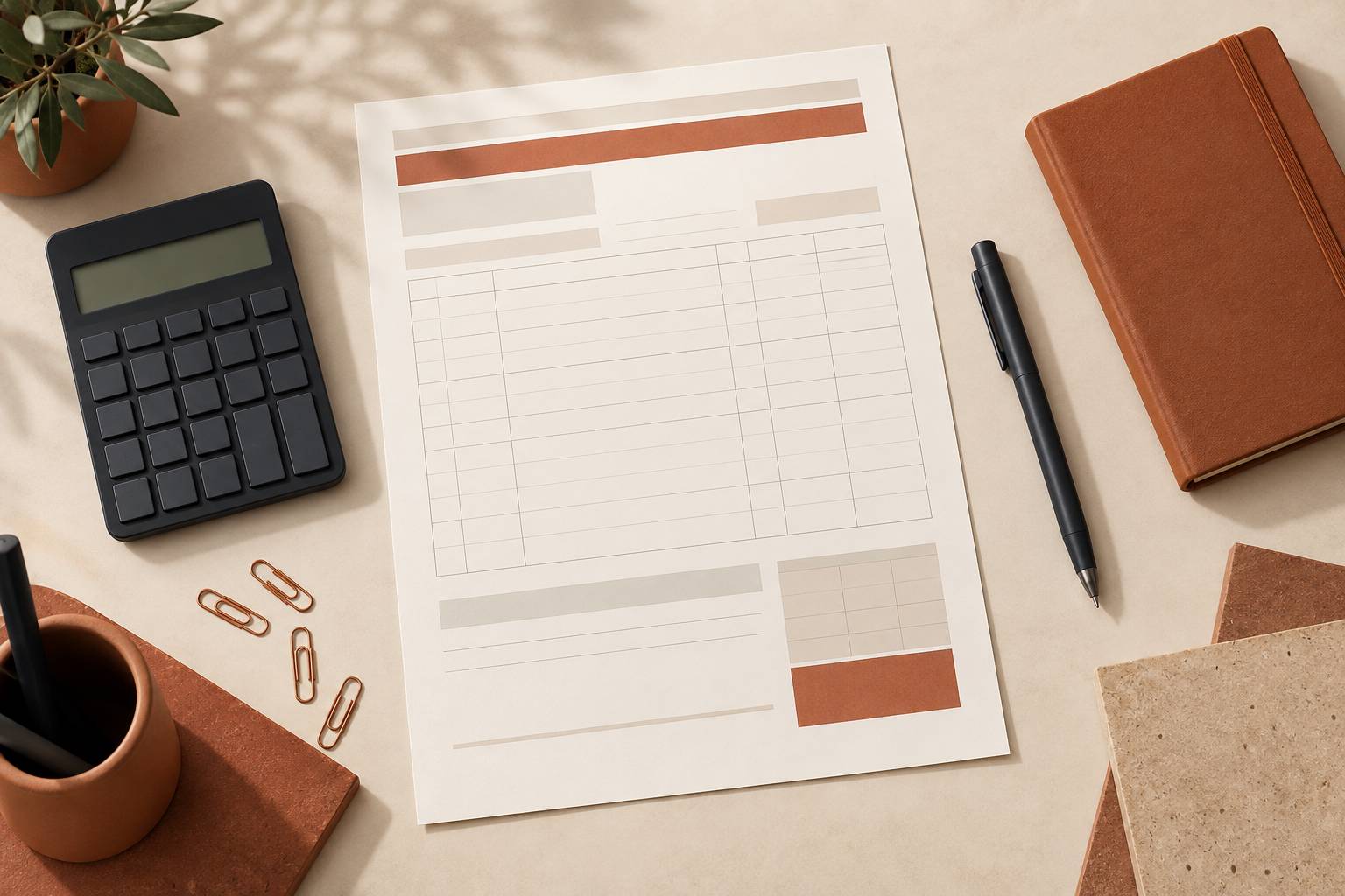 Document administratif generique avec calculatrice, stylo et trombones