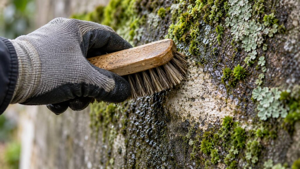 Illustration de détail sur le sujet : Mousses et lichens sur un mur : traiter avant de ravaler