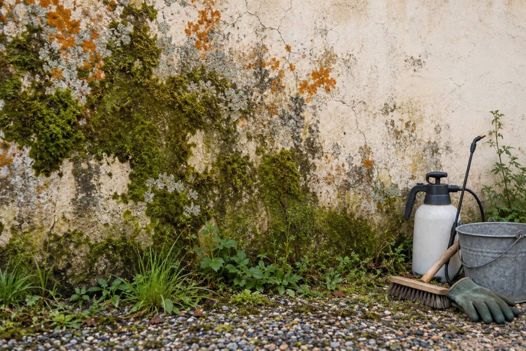 Mur extérieur en enduit clair couvert de mousse et de lichen avec pulvérisateur au sol