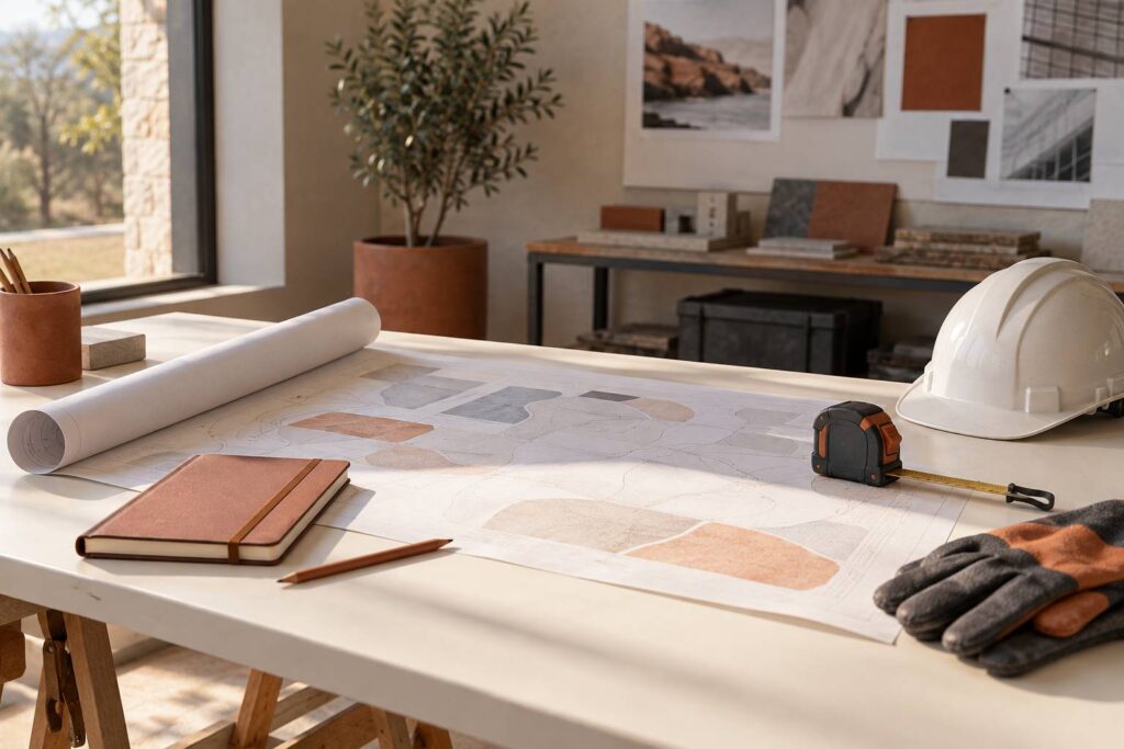 Bureau de chantier avec plan déroulé, carnet, mètre et casque