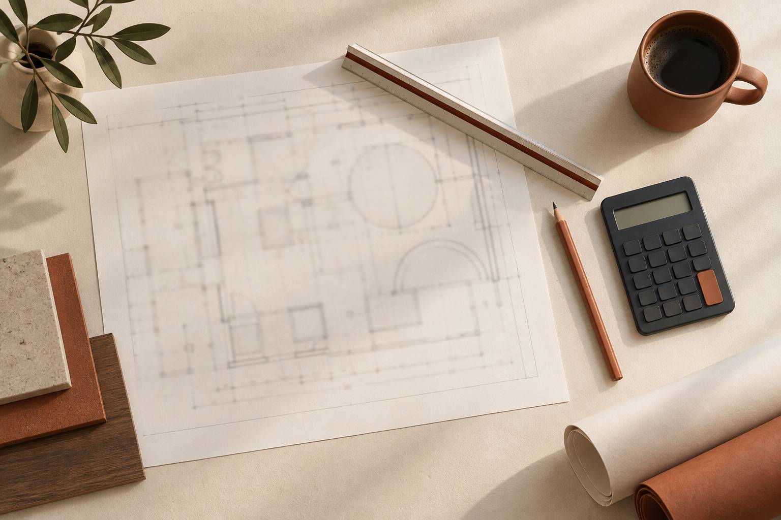 Plan papier, règle et crayon sur une table de préparation