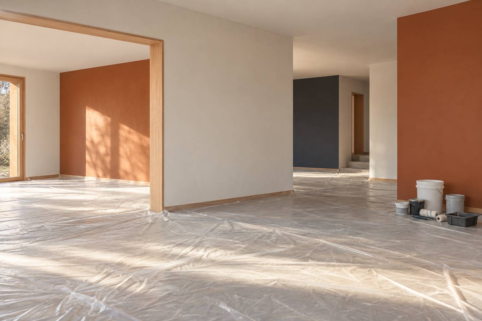 Piece en fin de travaux avec sol protege et rouleaux ranges