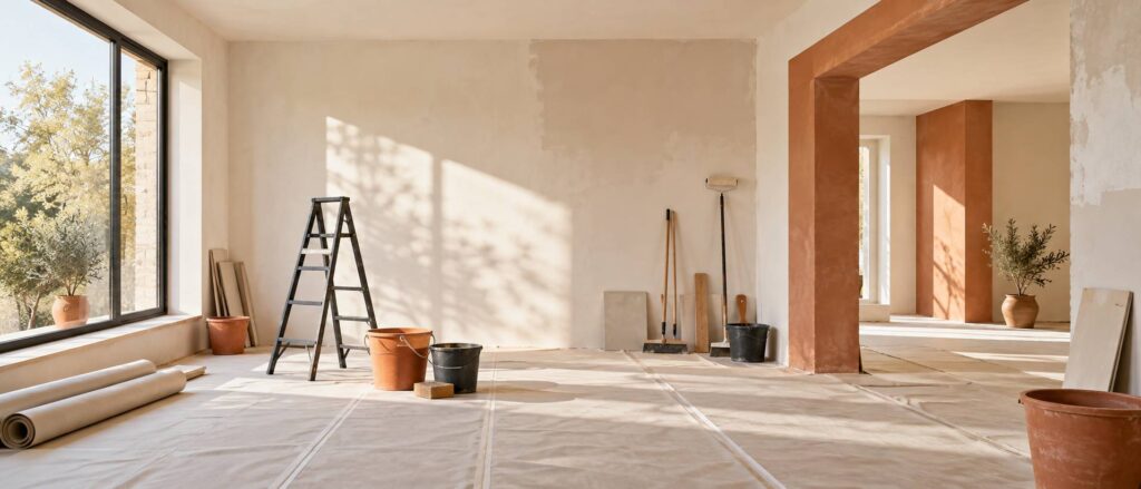 Chantier de renovation propre avec escabeau et outils ranges