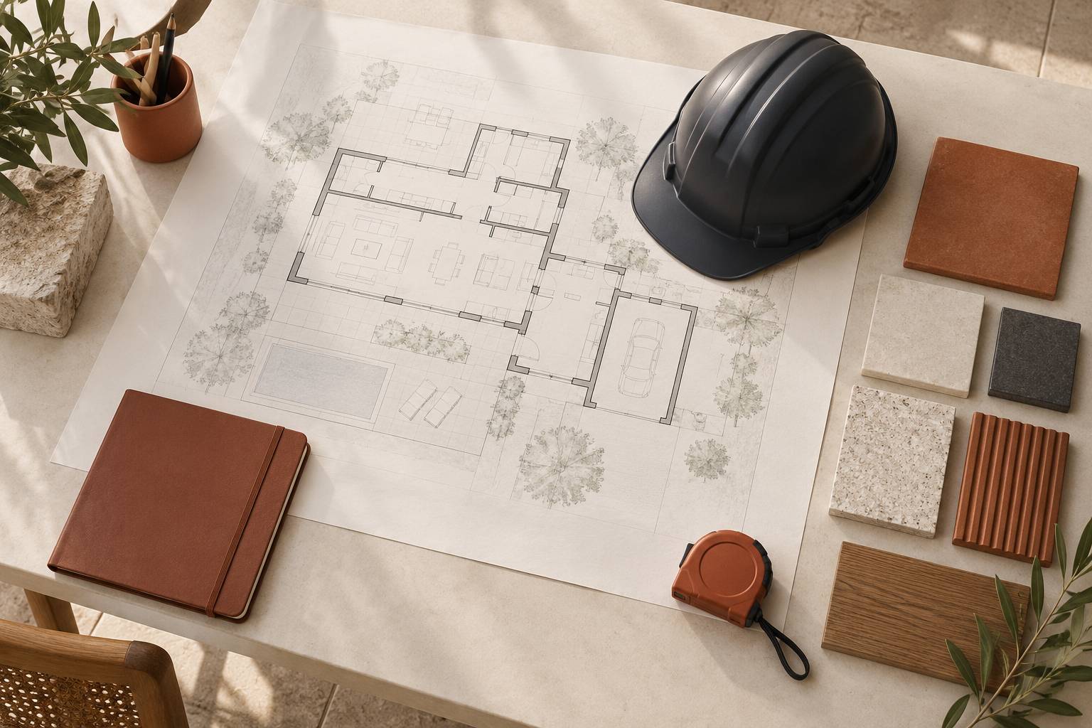 Plan de maison, carnet et casque sur un bureau de chantier