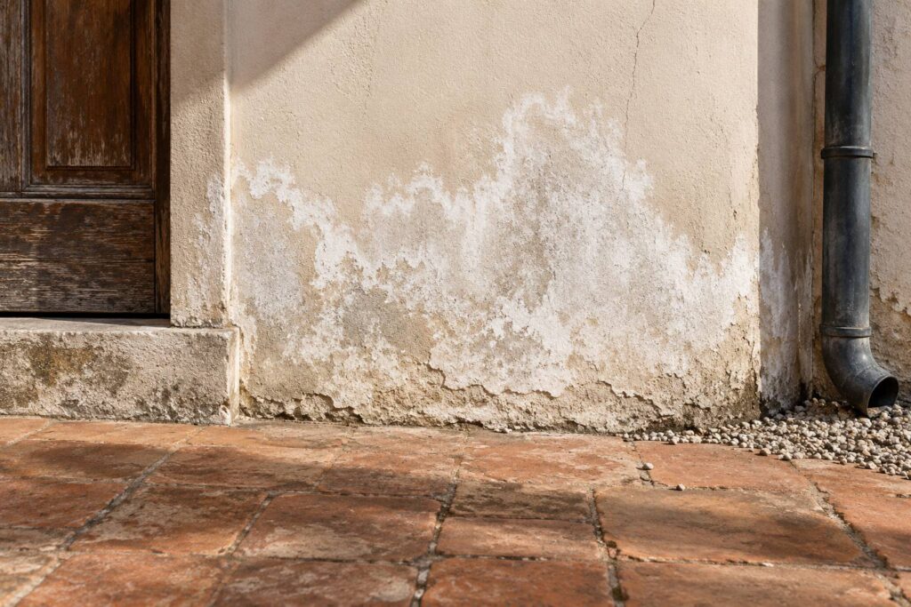 Bas de façade enduite marqué de salpêtre et de remontées d'humidité
